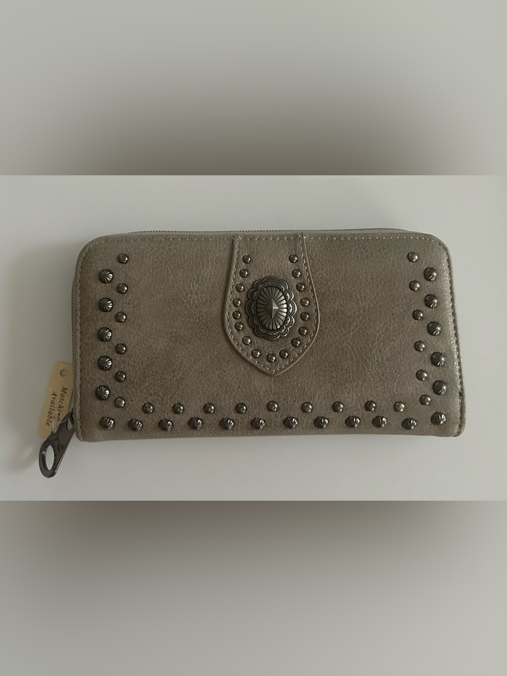 Montana West Western Studded Concho Zip Around Wallet Grey Taupe NWT